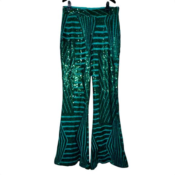 BLENCOT Women's Glitter Sequin High Waist Bell Bottoms Flared Pants Green XL - Picture 6 of 10